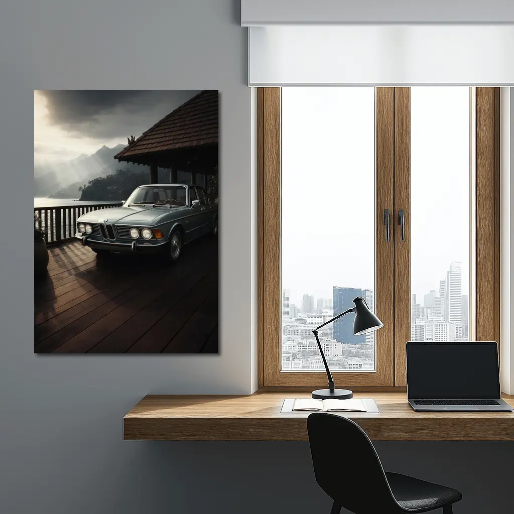 Classic BMW E3 Sedan Mountain Lakeside Setting – Wall Art