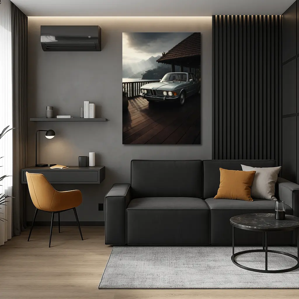 Classic BMW E3 Sedan Mountain Lakeside Setting – Wall Art