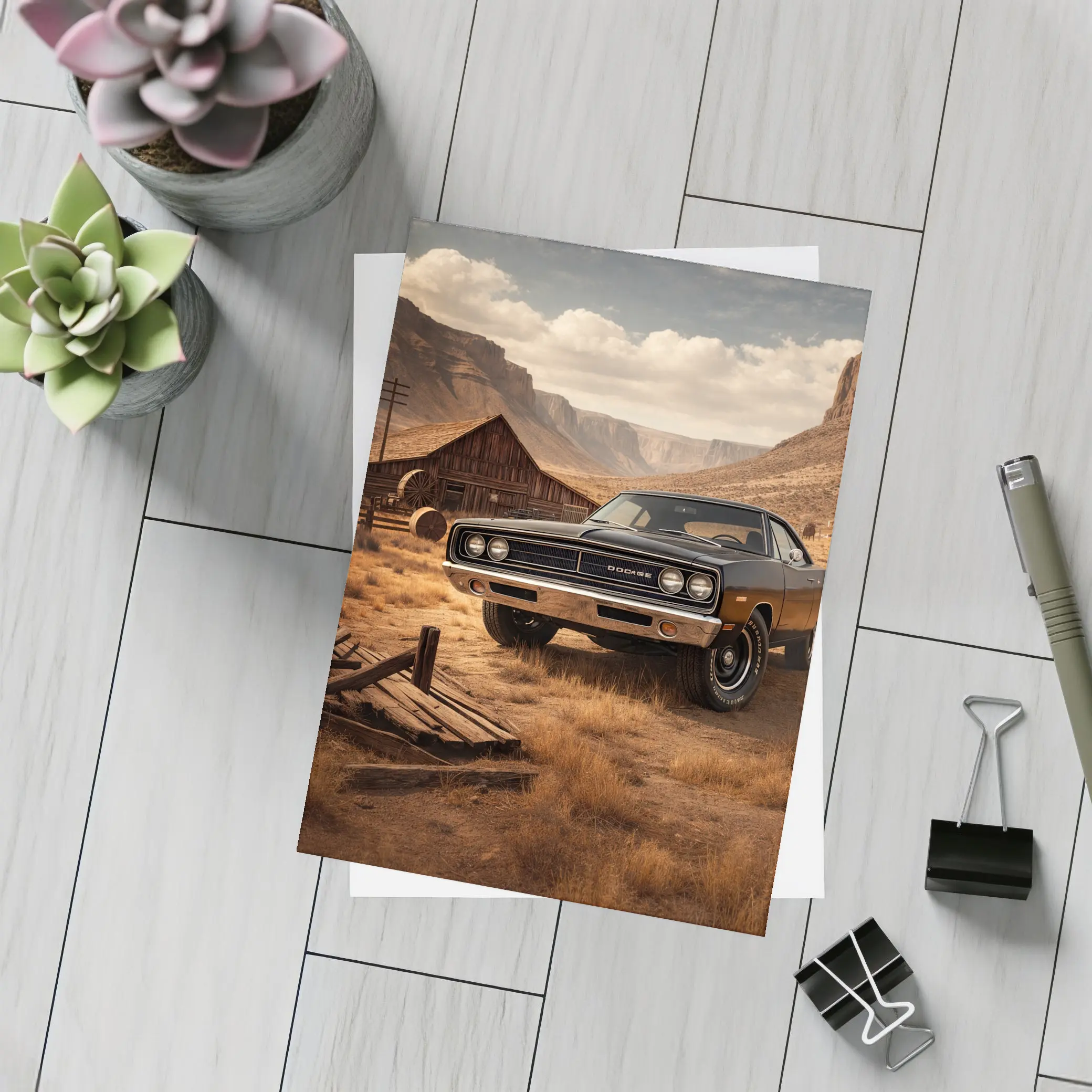 Vintage Dodge Charger Desert Barn Setting – Postcards