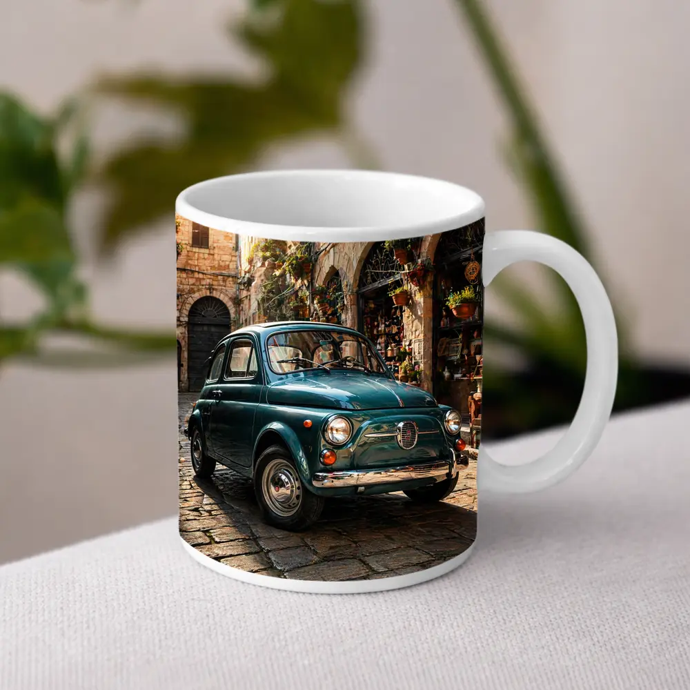 Vintage Fiat 500 Classic Italian Cobblestone Street – Mugs