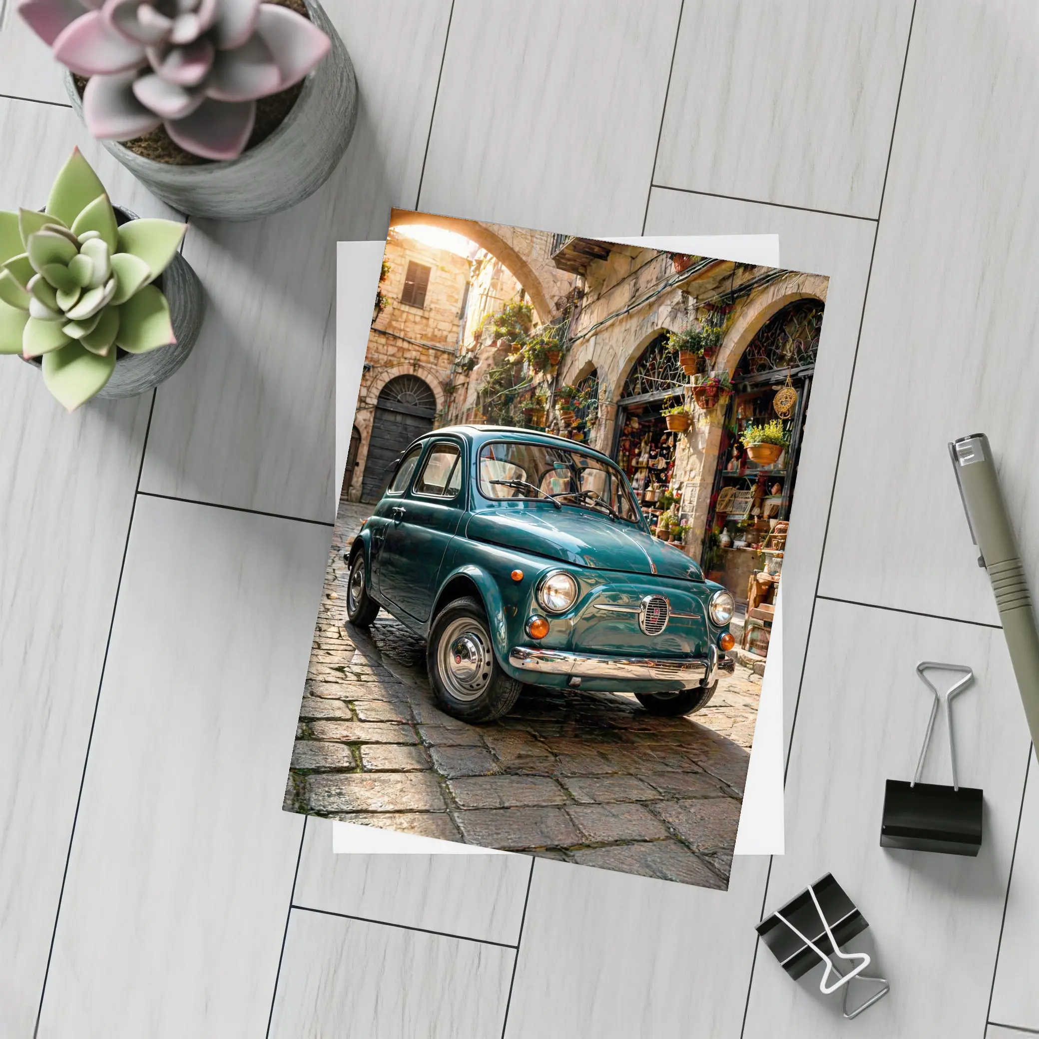 Vintage Fiat 500 Classic Italian Cobblestone Street – Postcards