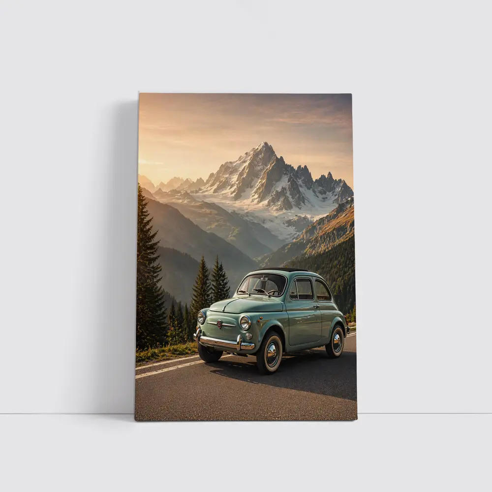 Vintage Fiat 500 Parked in Alpine Mountains – Wall Art