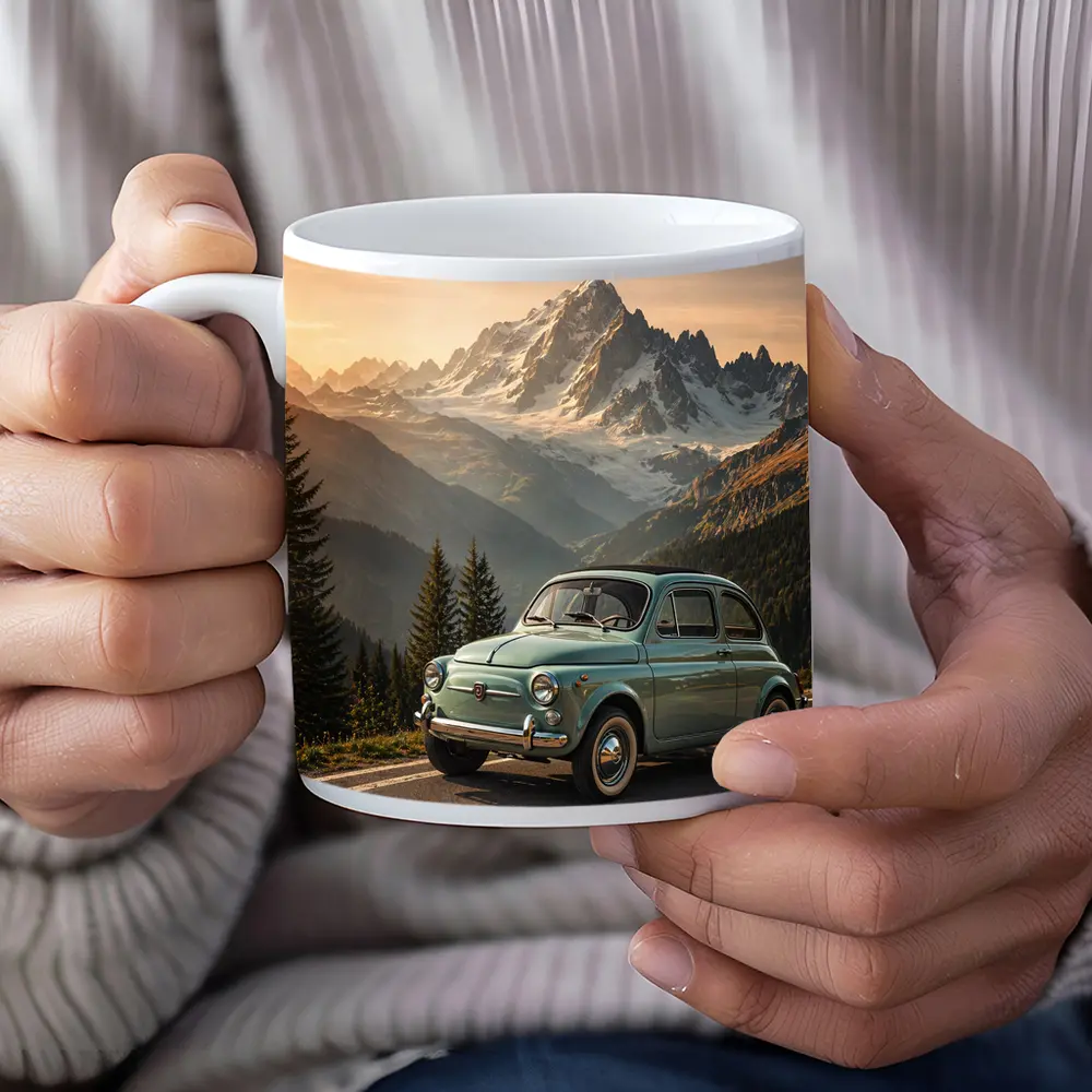 Vintage Fiat 500 Parked in Alpine Mountains – Mugs