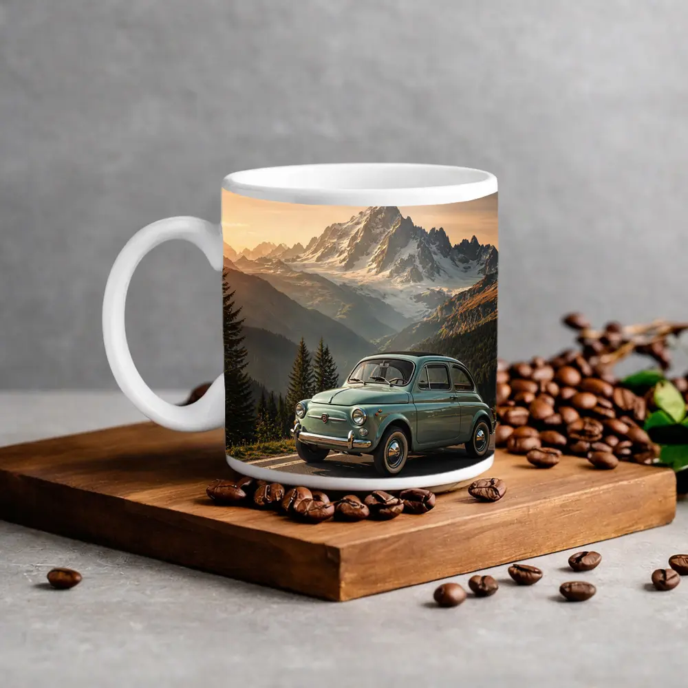 Vintage Fiat 500 Parked in Alpine Mountains – Mugs