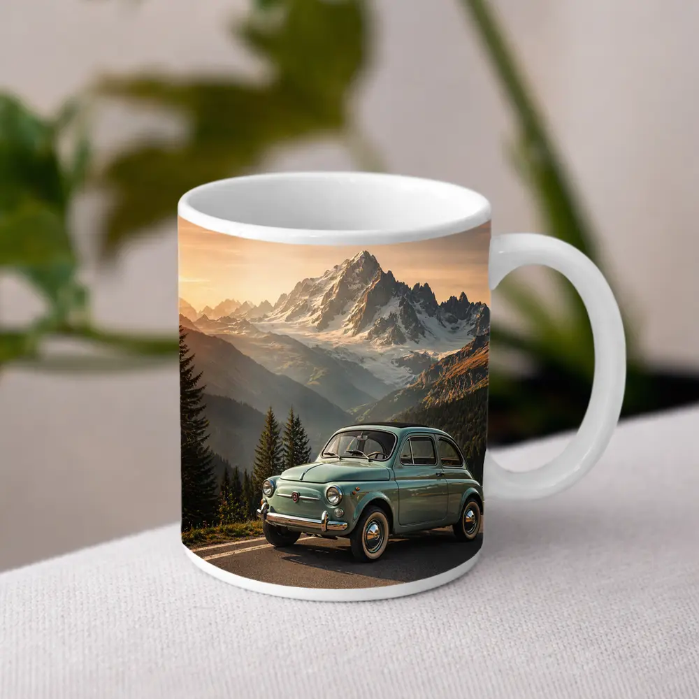 Vintage Fiat 500 Parked in Alpine Mountains – Mugs