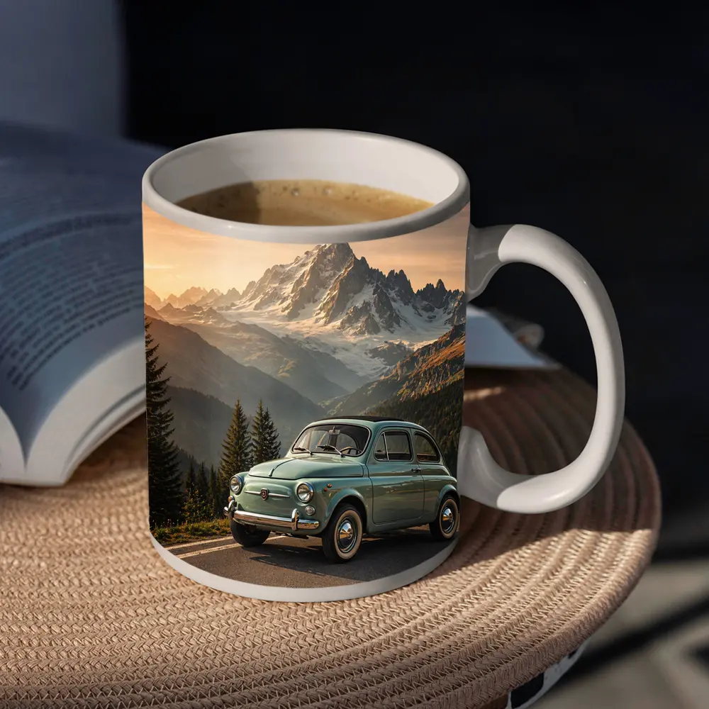Vintage Fiat 500 Parked in Alpine Mountains – Mugs