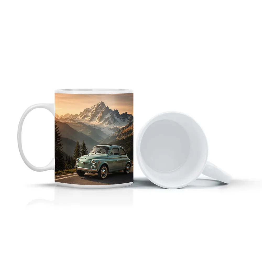 Vintage Fiat 500 Parked in Alpine Mountains – Mugs