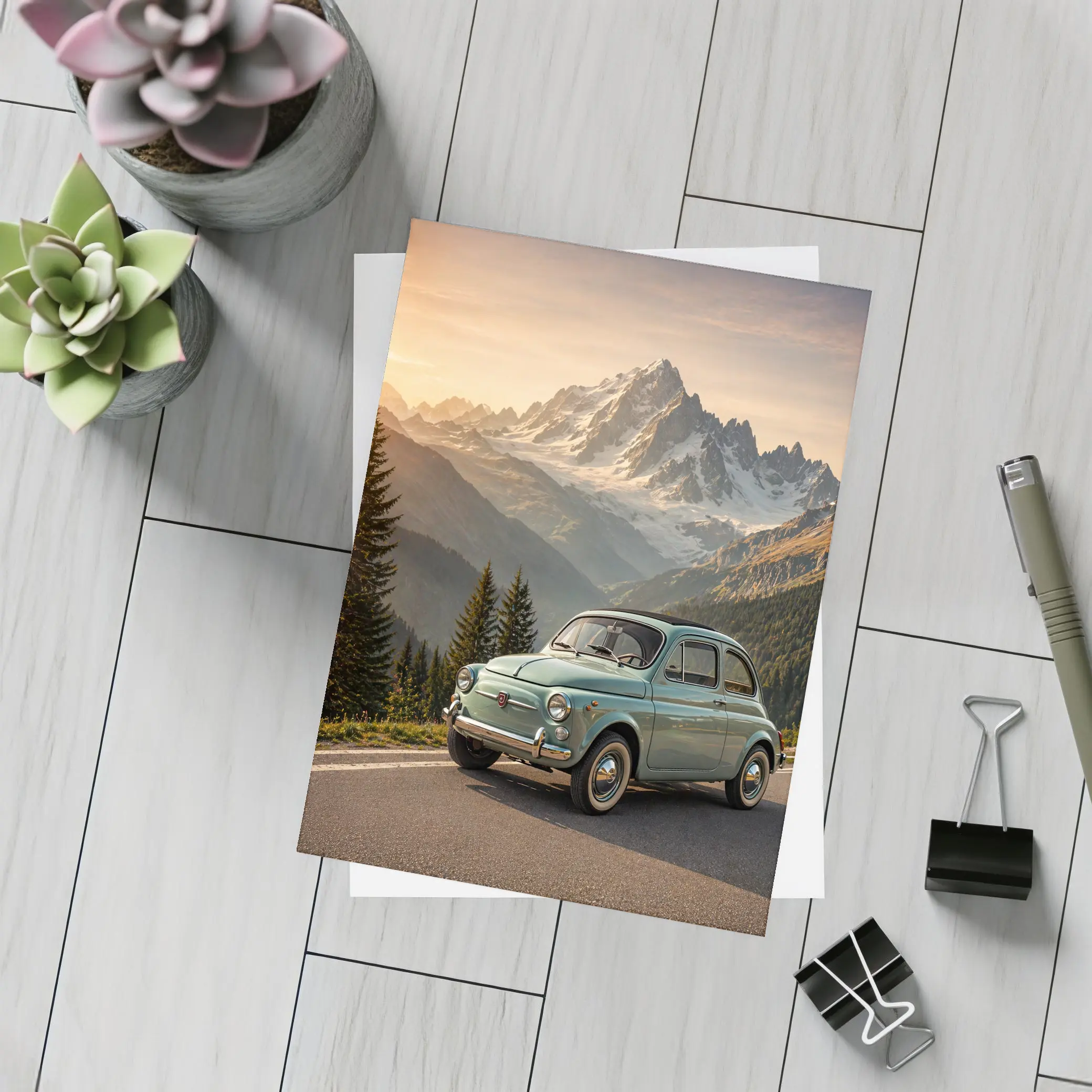 Vintage Fiat 500 Parked in Alpine Mountains – Postcards