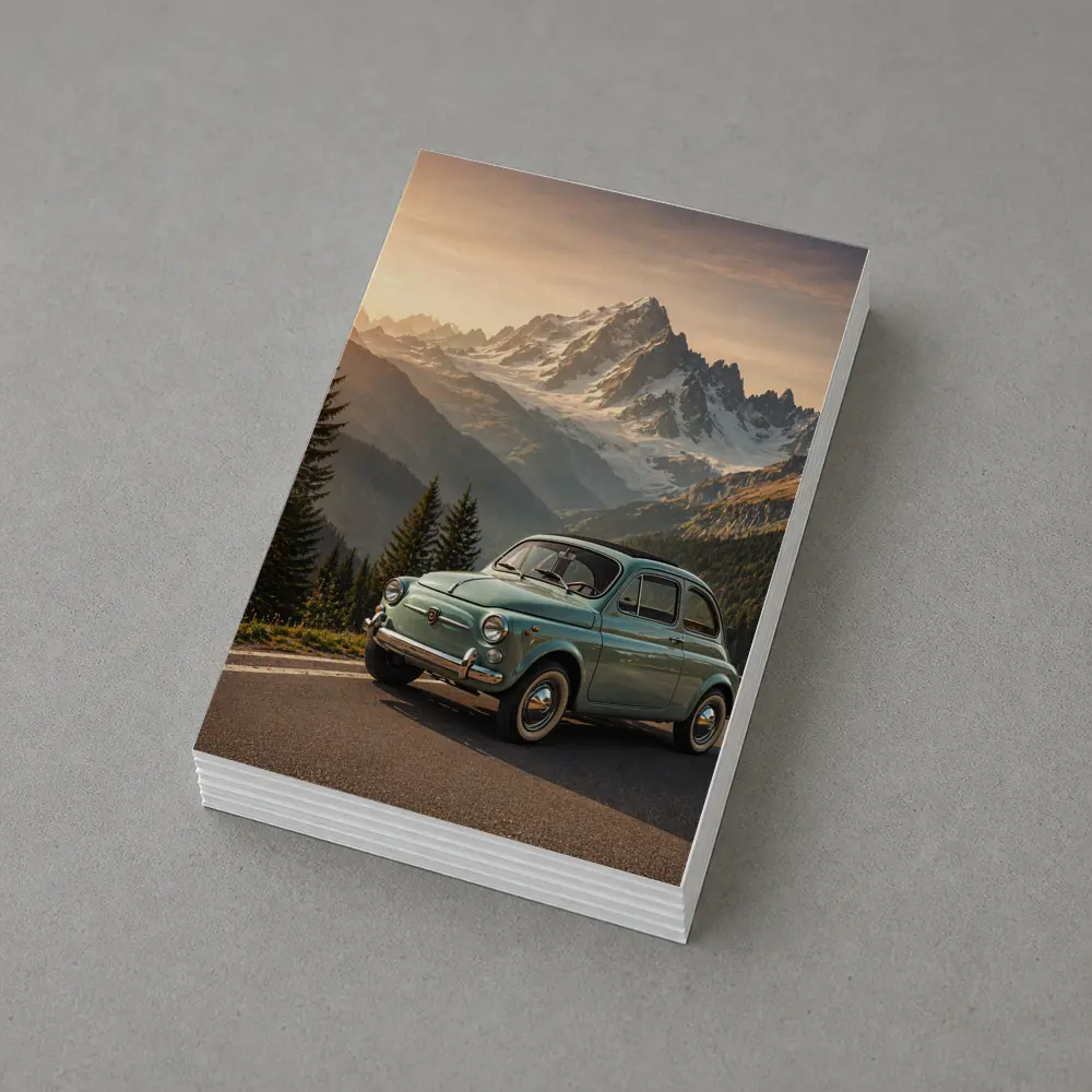 Vintage Fiat 500 Parked in Alpine Mountains – Postcards