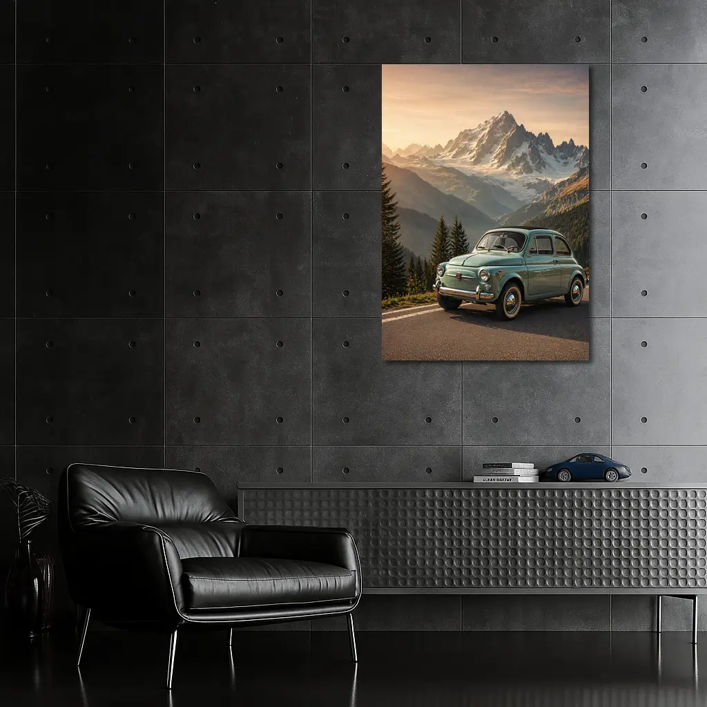 Vintage Fiat 500 Parked in Alpine Mountains – Wall Art