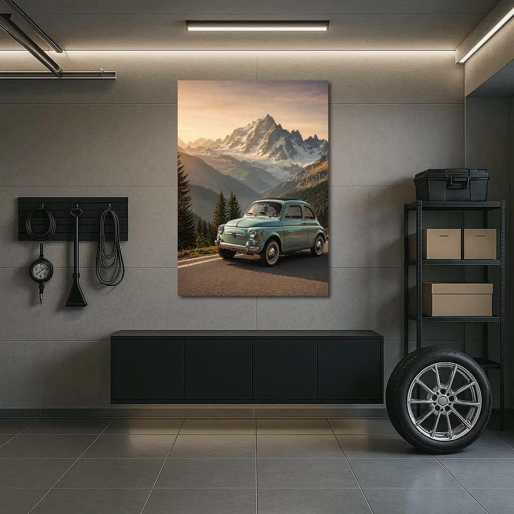 Vintage Fiat 500 Parked in Alpine Mountains – Wall Art