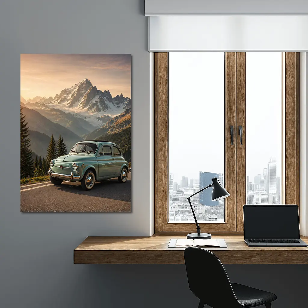 Vintage Fiat 500 Parked in Alpine Mountains – Wall Art