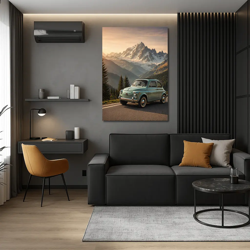Vintage Fiat 500 Parked in Alpine Mountains – Wall Art