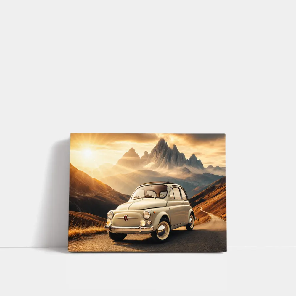 Vintage Fiat 500 on Mountain Road Sunset – Wall Art
