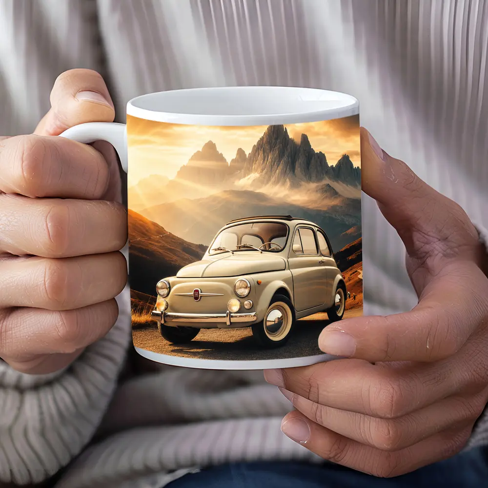 Vintage Fiat 500 on Mountain Road Sunset – Mugs
