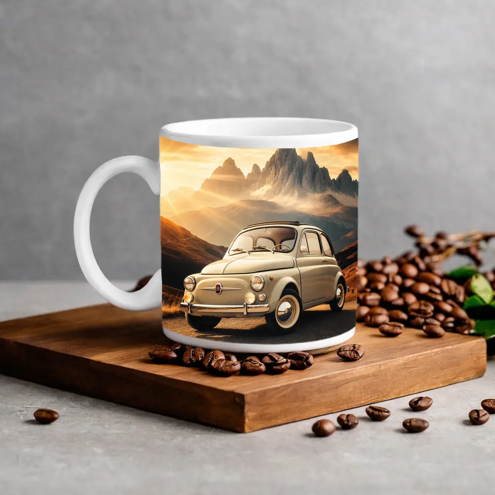 Vintage Fiat 500 on Mountain Road Sunset – Mugs