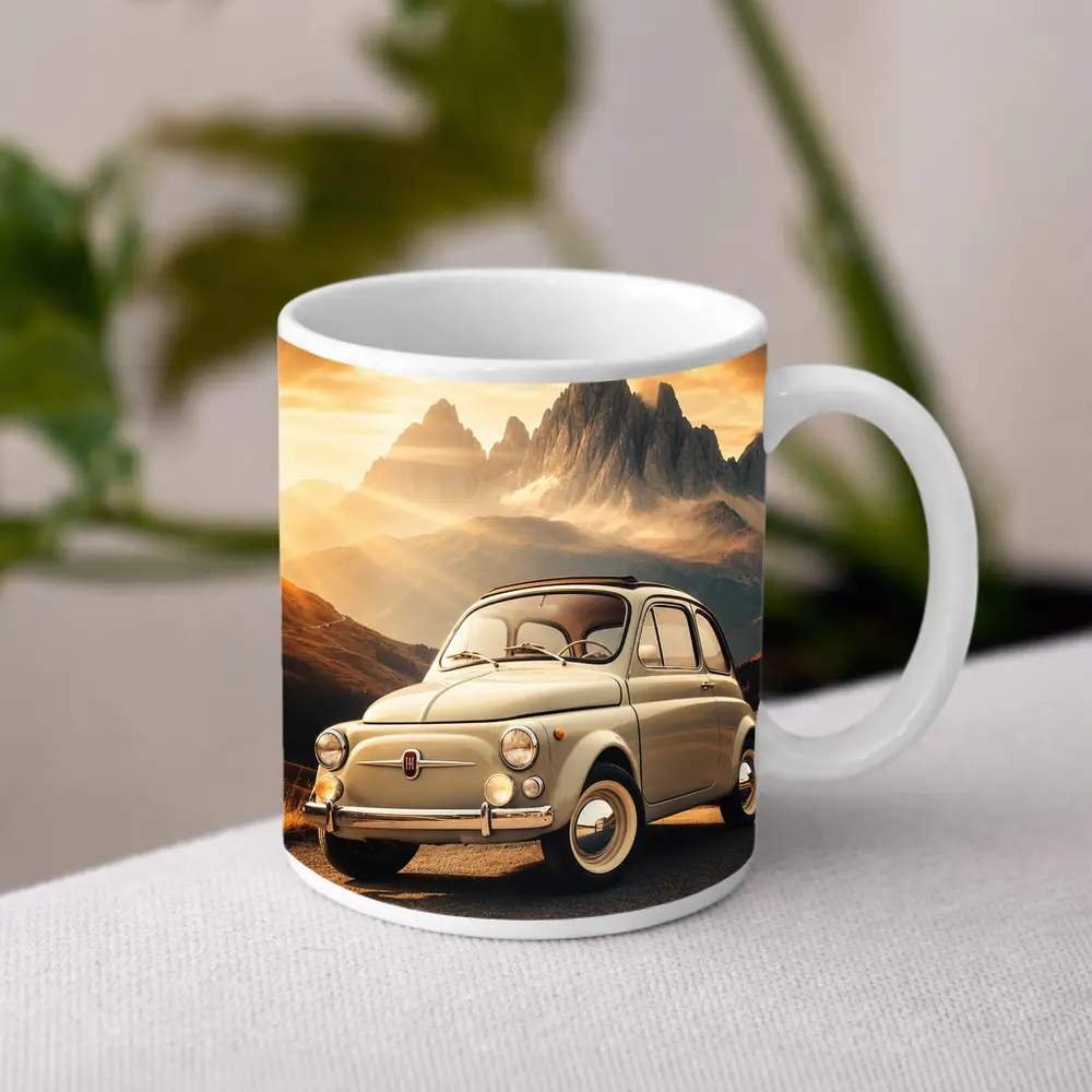 Vintage Fiat 500 on Mountain Road Sunset – Mugs