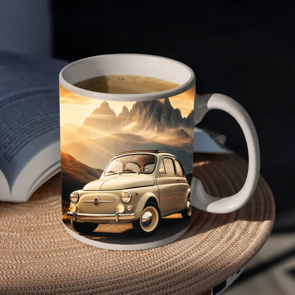 Vintage Fiat 500 on Mountain Road Sunset – Mugs