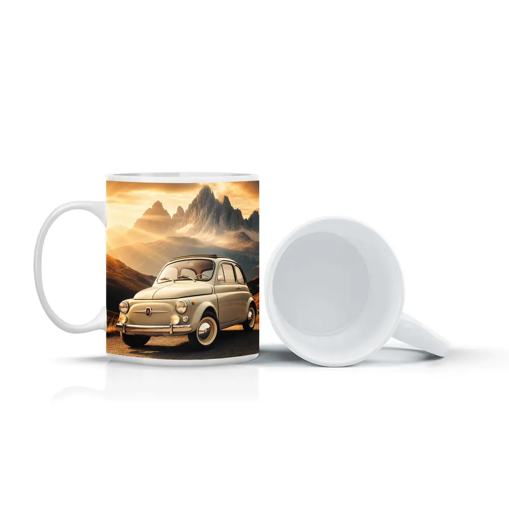 Vintage Fiat 500 on Mountain Road Sunset – Mugs