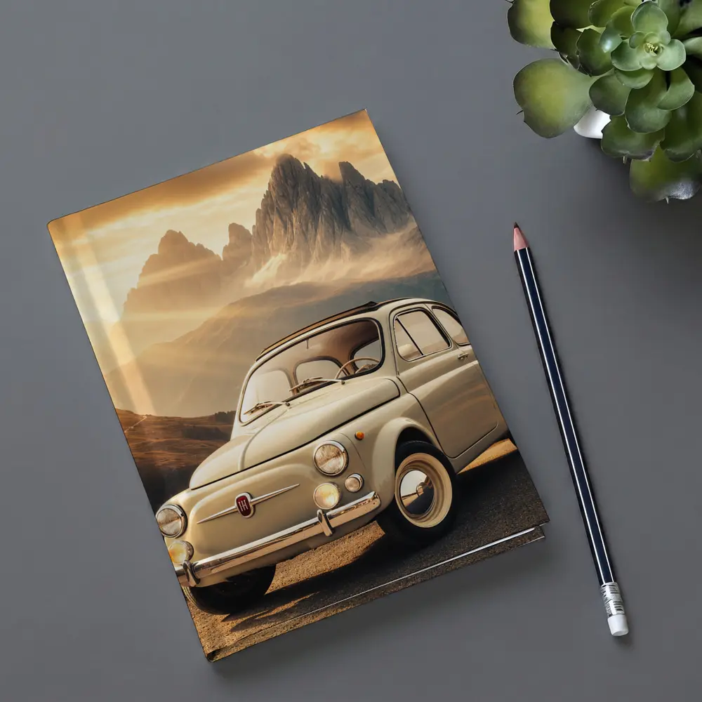 Vintage Fiat 500 on Mountain Road Sunset – Notebooks