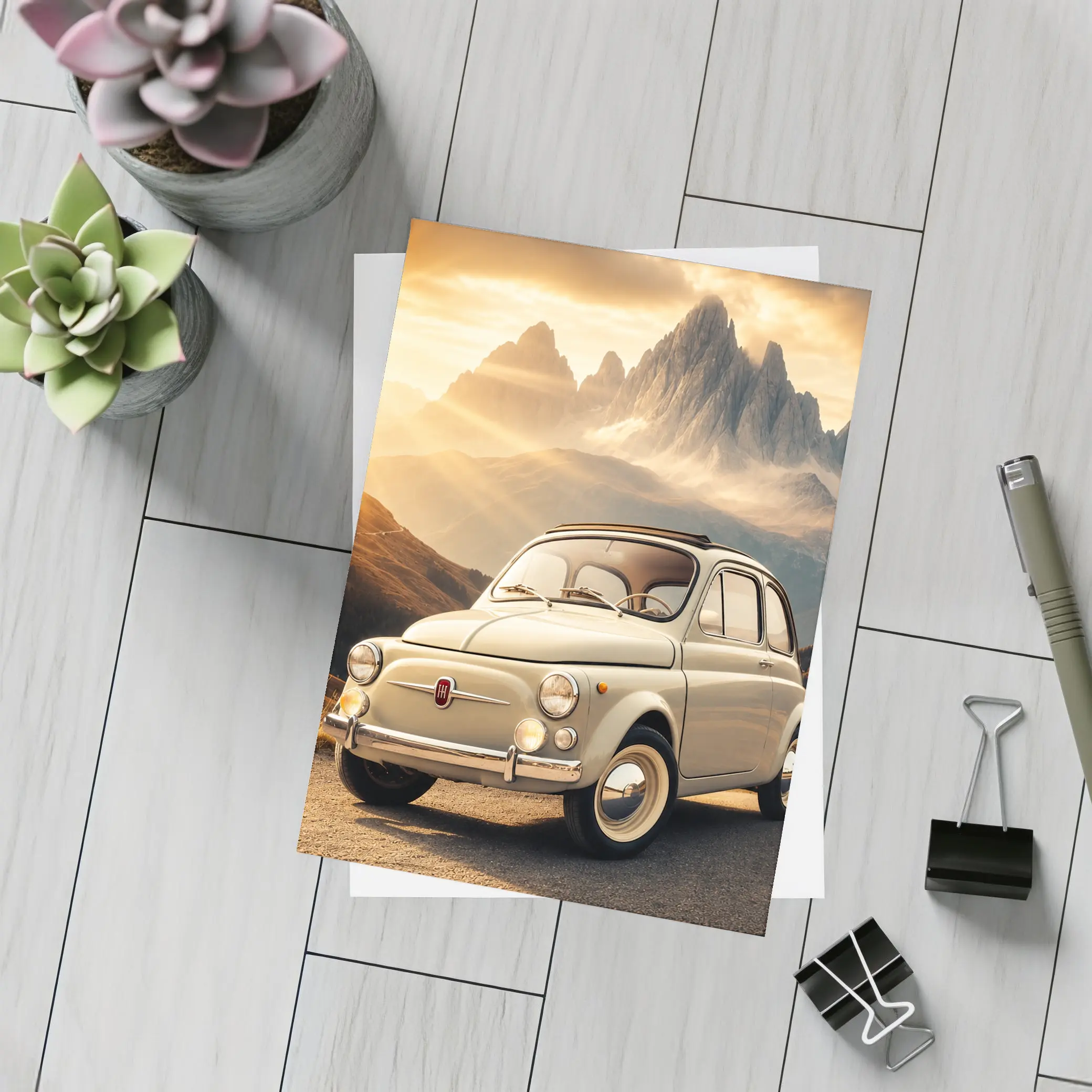 Vintage Fiat 500 on Mountain Road Sunset – Postcards