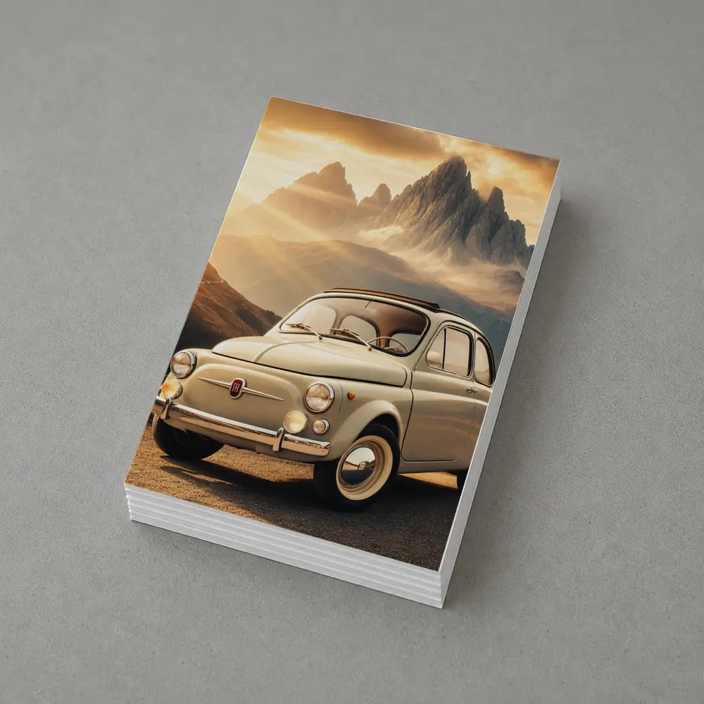 Vintage Fiat 500 on Mountain Road Sunset – Postcards