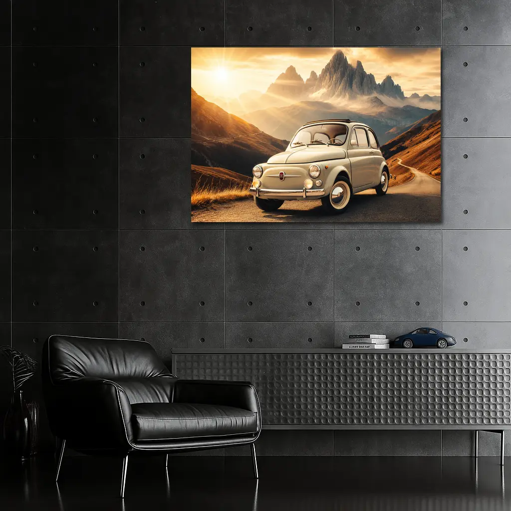 Vintage Fiat 500 on Mountain Road Sunset – Wall Art