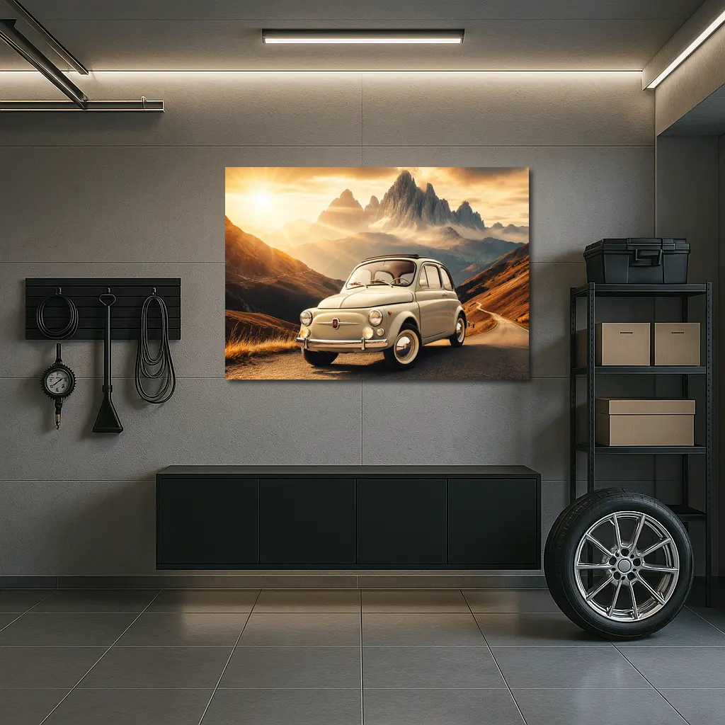 Vintage Fiat 500 on Mountain Road Sunset – Wall Art