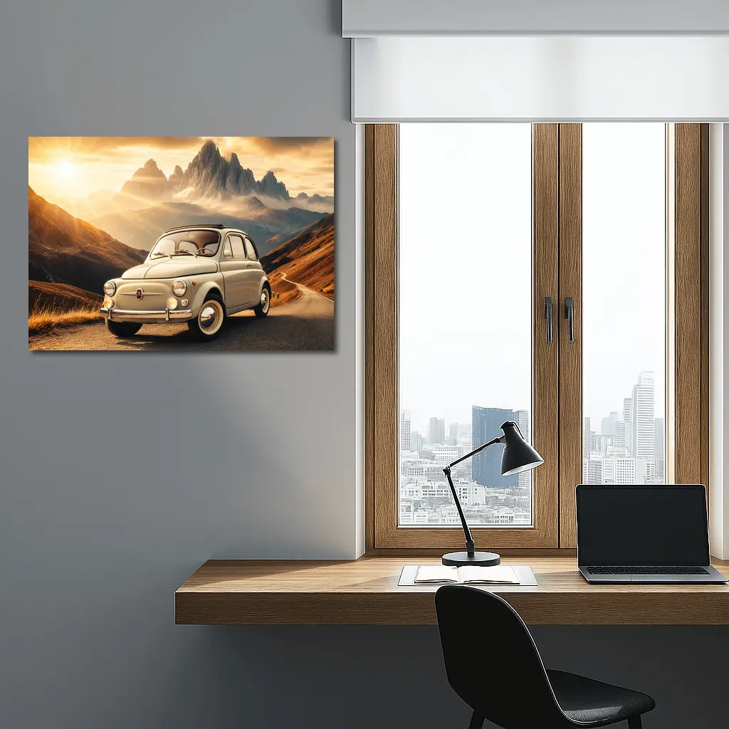 Vintage Fiat 500 on Mountain Road Sunset – Wall Art