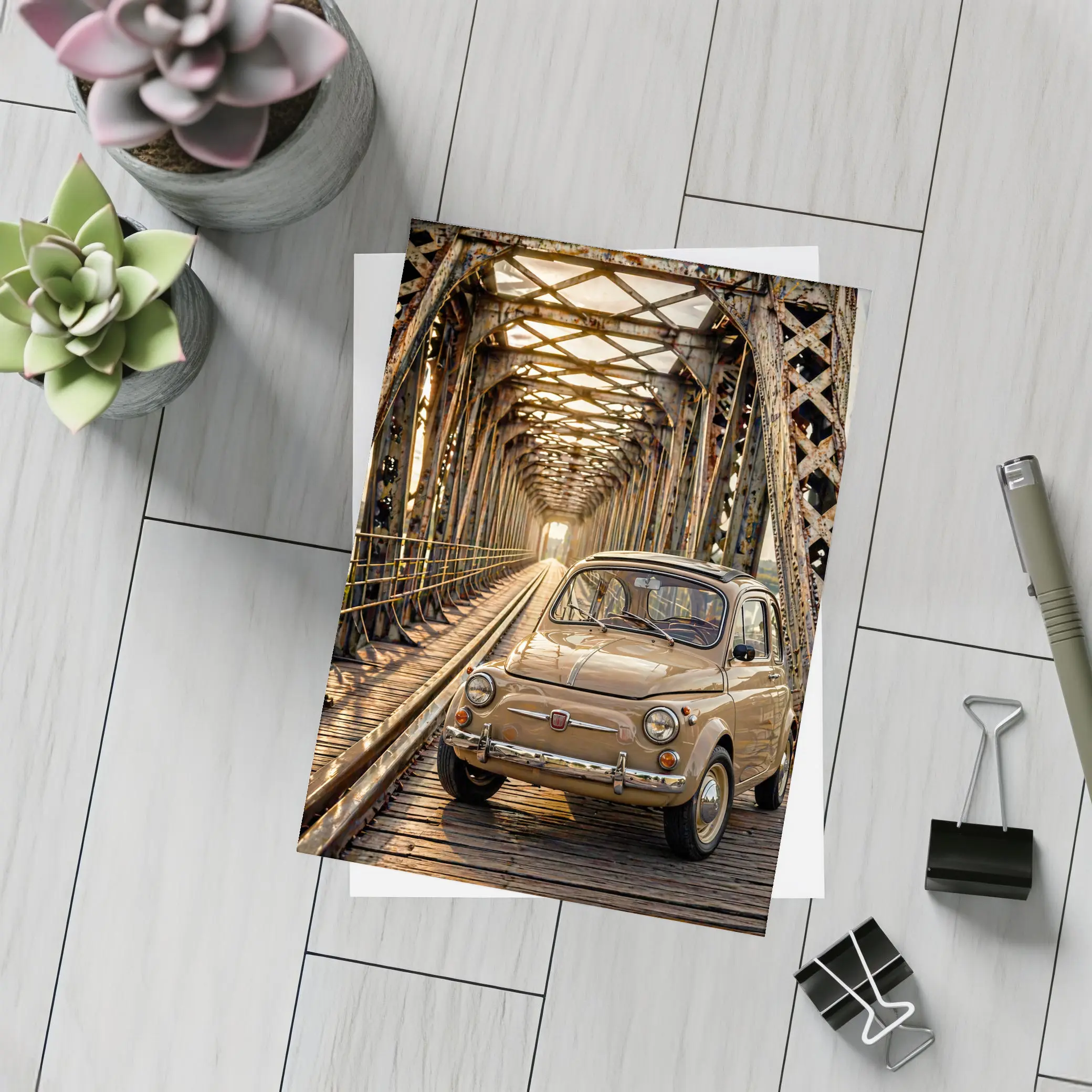 Vintage Fiat 500 On Rusty Bridge – Postcards