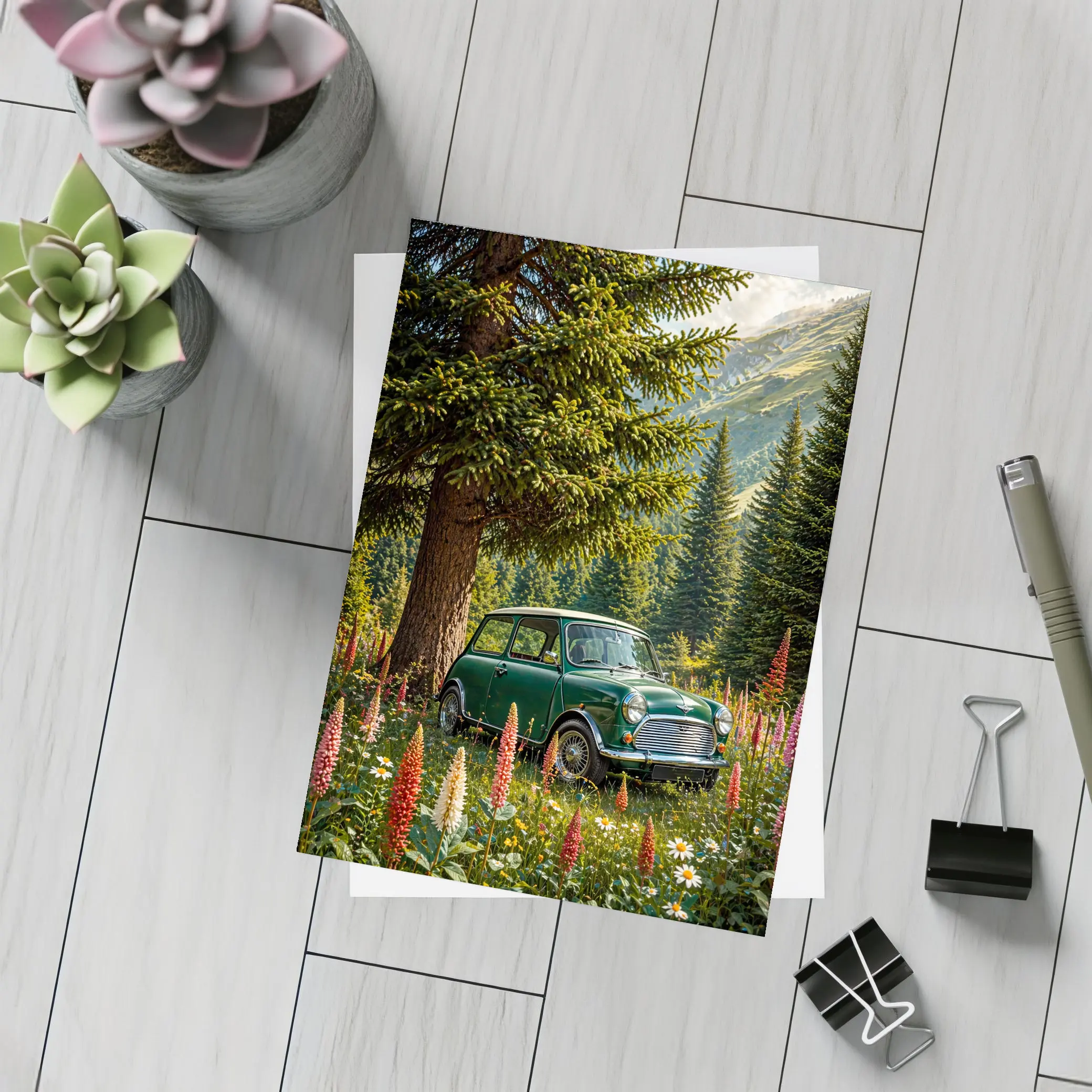 Classic Mini Cooper Green Alpine Wildflower Forest – Postcards