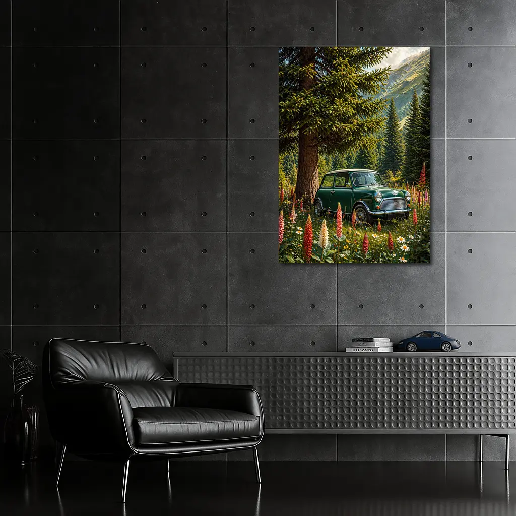 Classic Mini Cooper Green Alpine Wildflower Forest – Wall Art