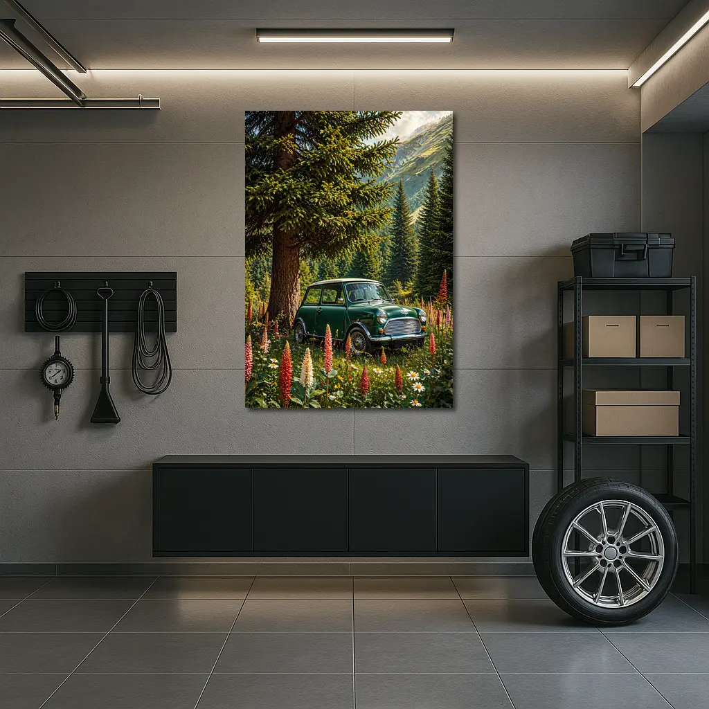 Classic Mini Cooper Green Alpine Wildflower Forest – Wall Art