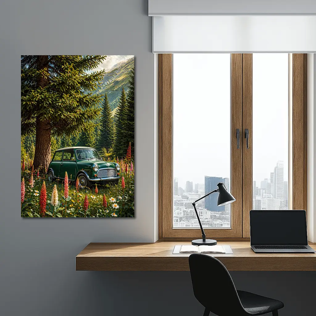 Classic Mini Cooper Green Alpine Wildflower Forest – Wall Art