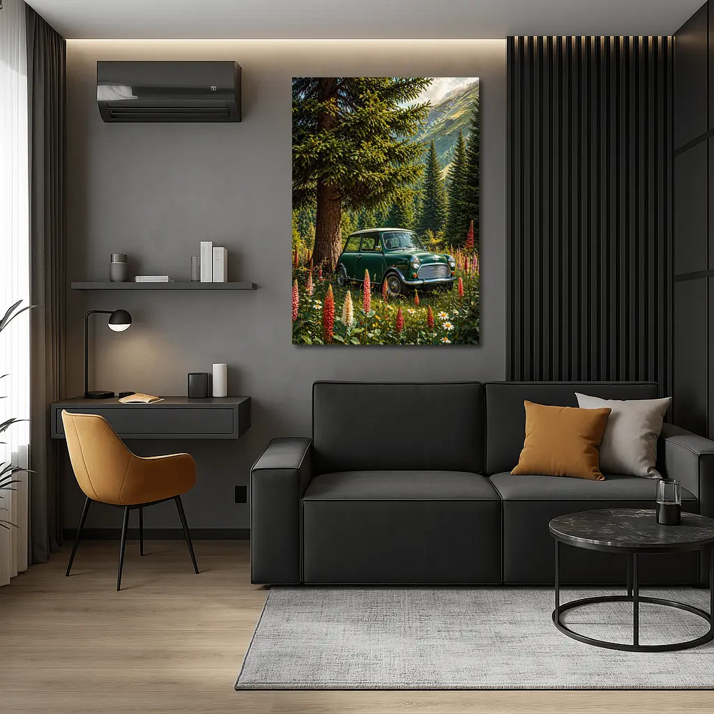 Classic Mini Cooper Green Alpine Wildflower Forest – Wall Art
