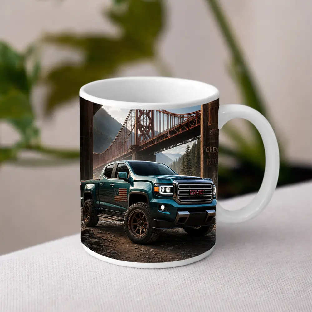 GMC Sierra Truck Under Rustic Bridge – Mugs