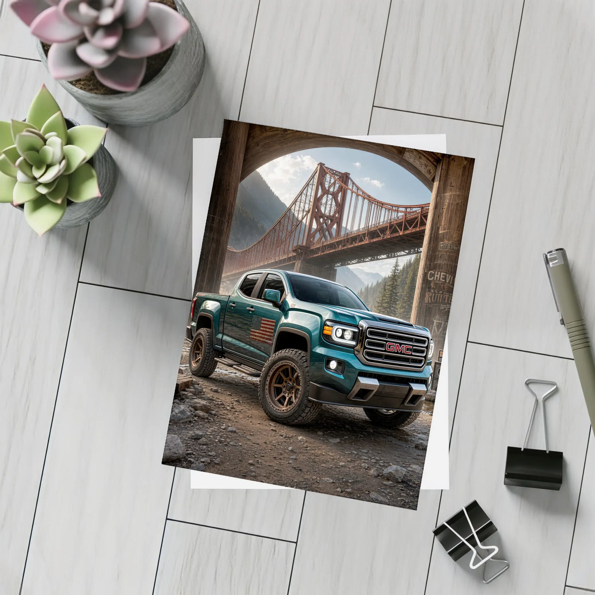 GMC Sierra Truck Under Rustic Bridge – Postcards