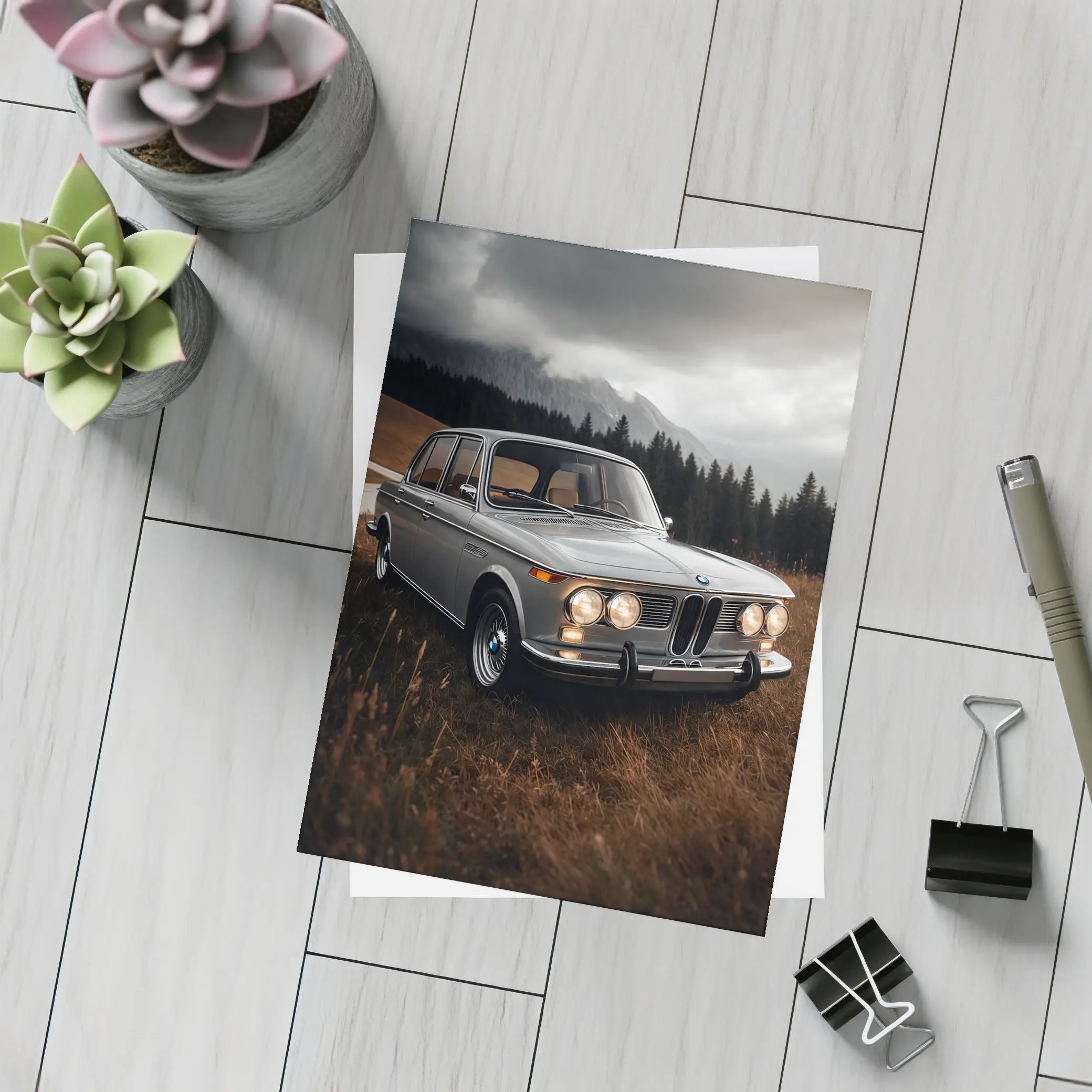 Vintage BMW Classic Sedan Moody Mountain Setting – Postcards