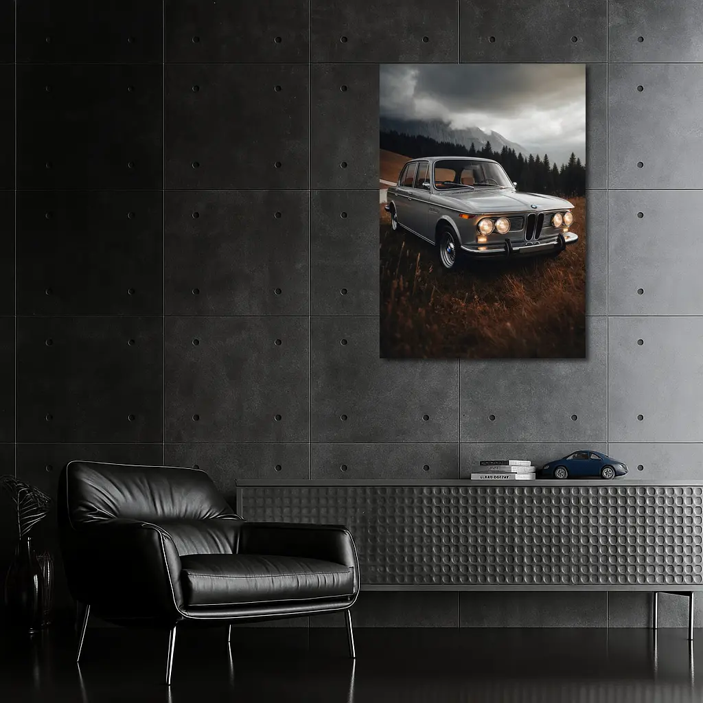 Vintage BMW Classic Sedan Moody Mountain Setting – Wall Art