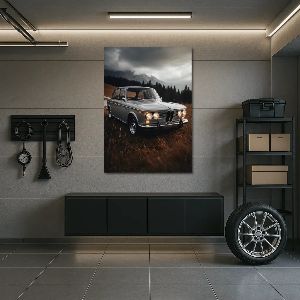 Vintage BMW Classic Sedan Moody Mountain Setting – Wall Art