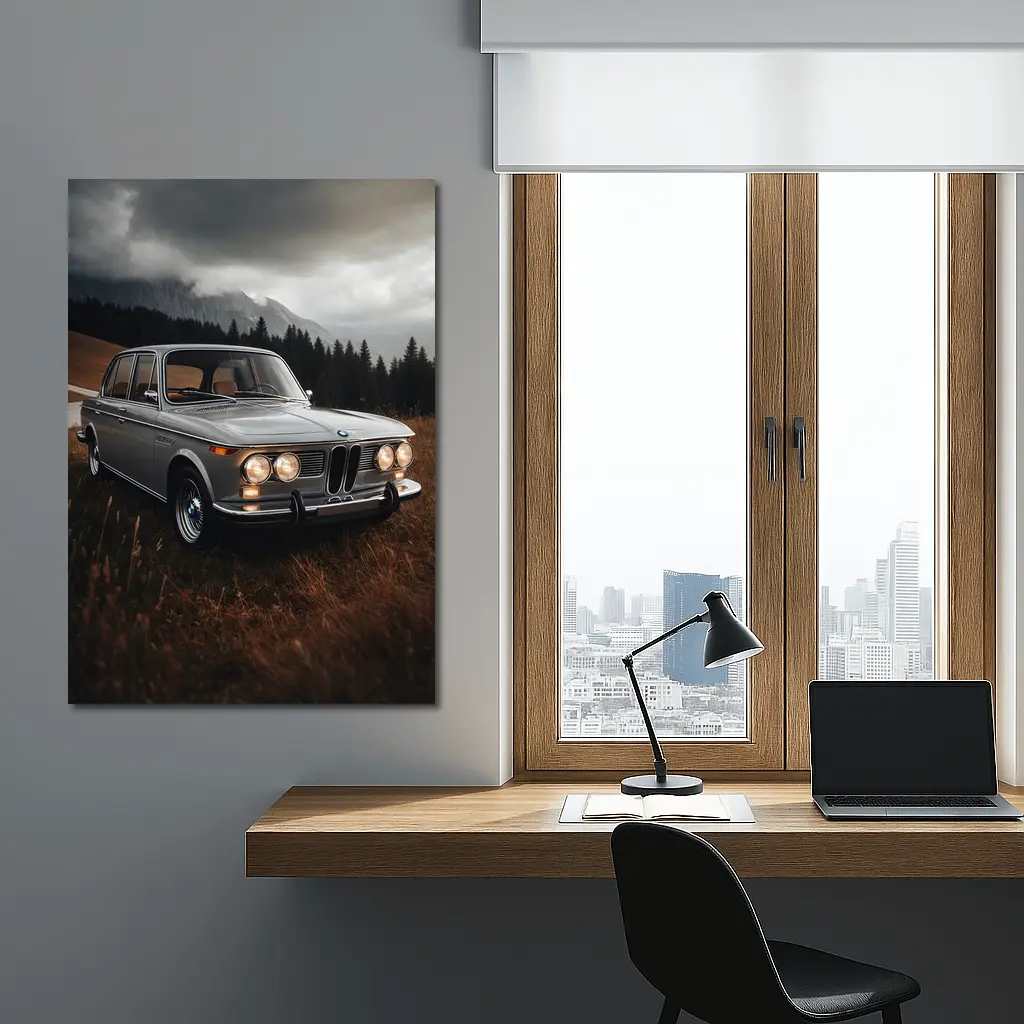 Vintage BMW Classic Sedan Moody Mountain Setting – Wall Art