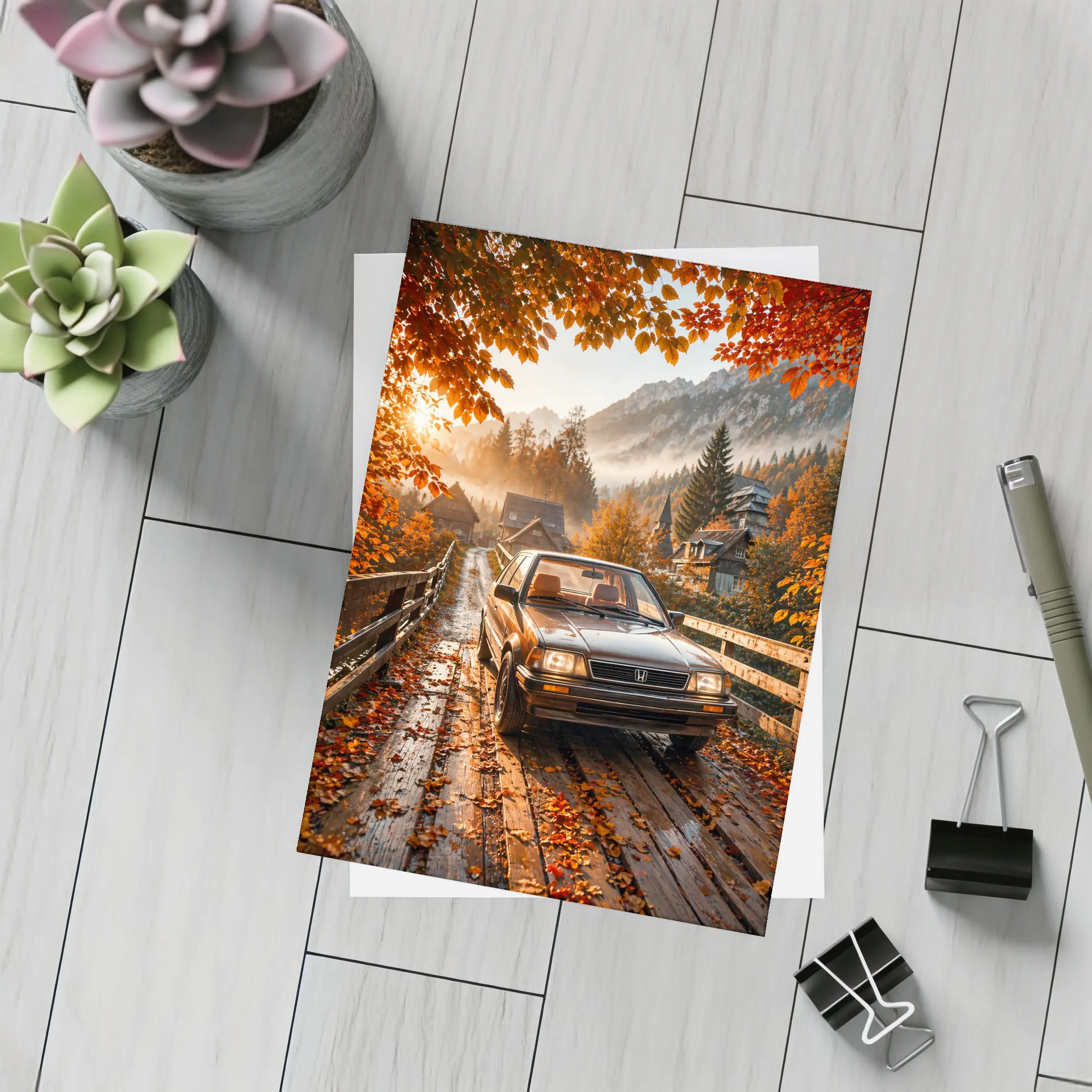 Honda Classic Car Autumn Mountain Village Road – Postcards