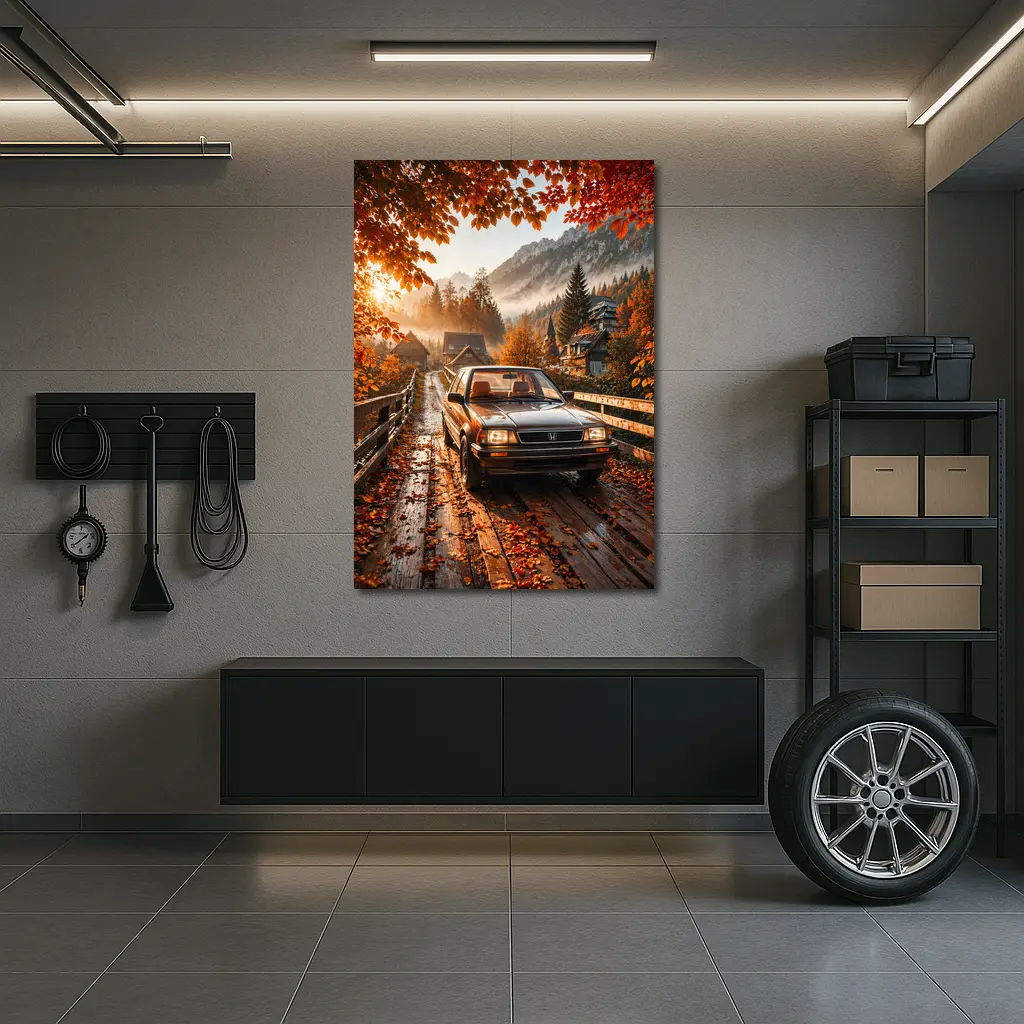 Honda Classic Car Autumn Mountain Village Road – Wall Art