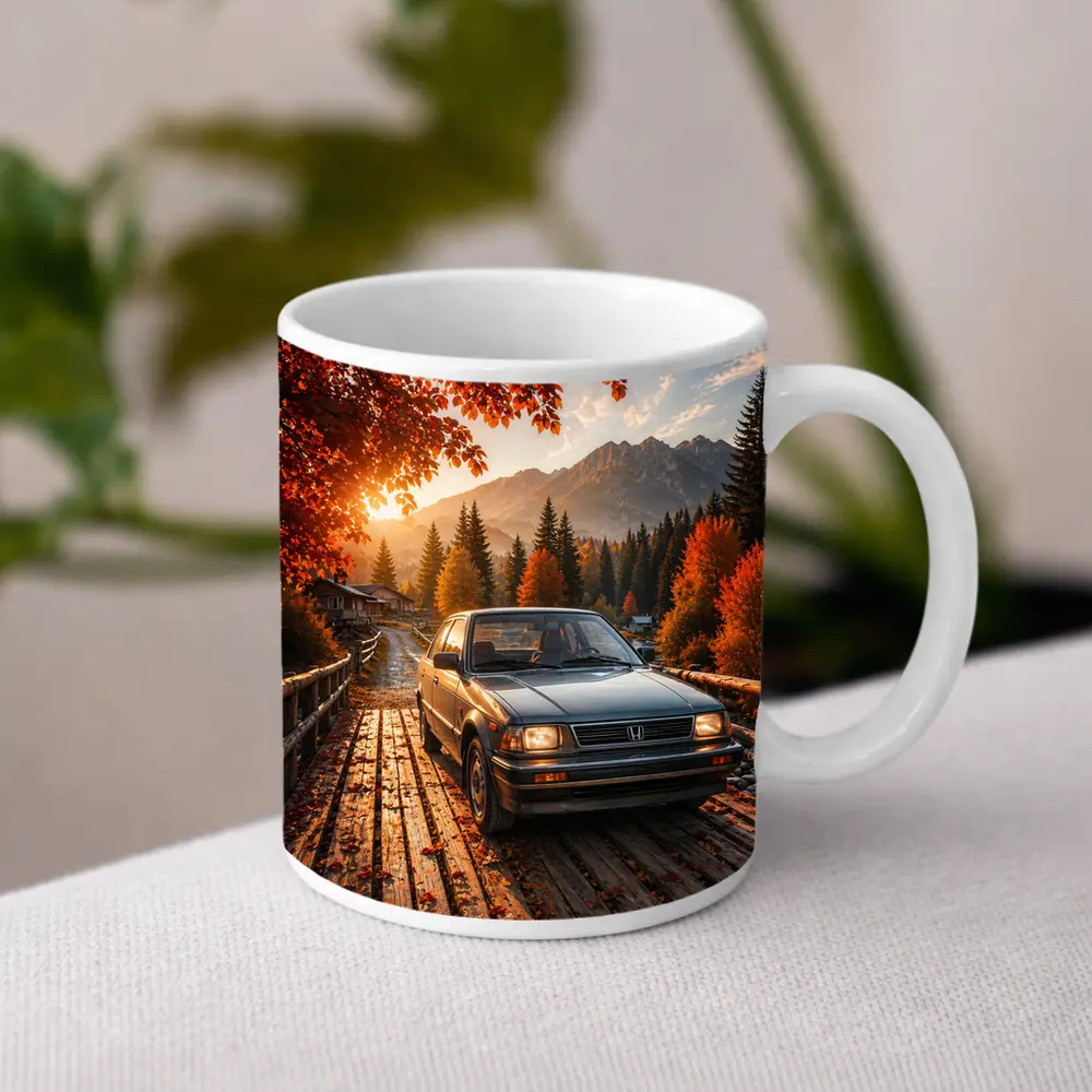 Vintage Honda Accord On Autumn Mountain Bridge – Mugs