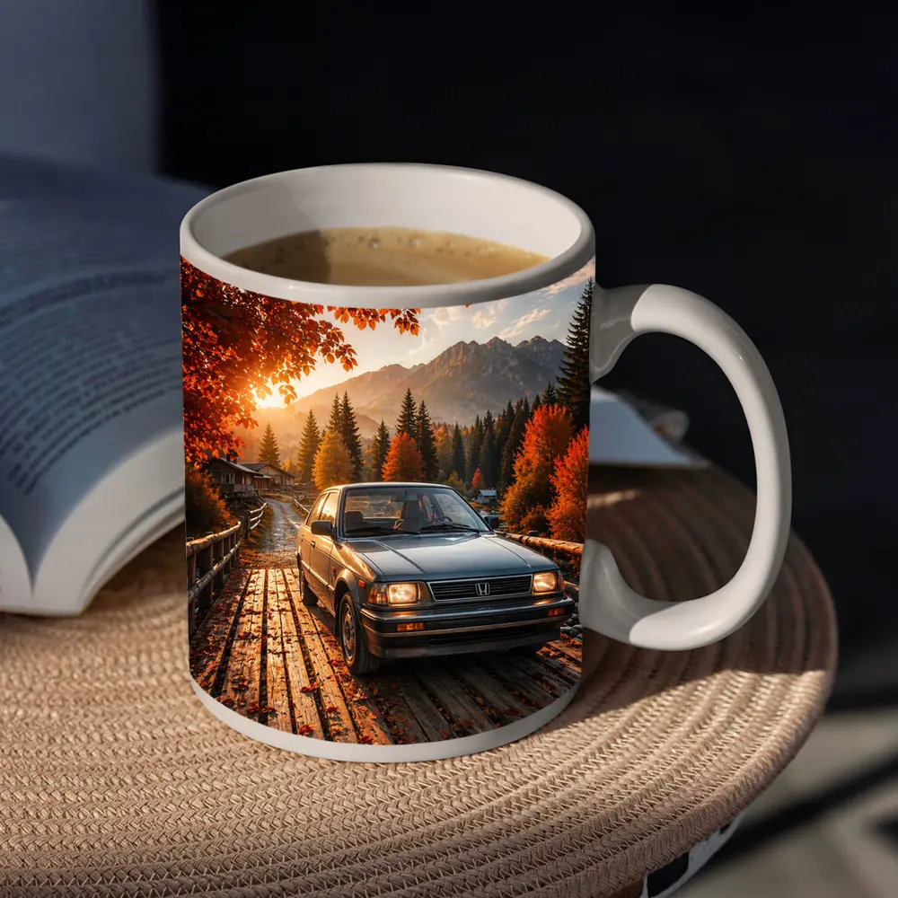 Vintage Honda Accord On Autumn Mountain Bridge – Mugs