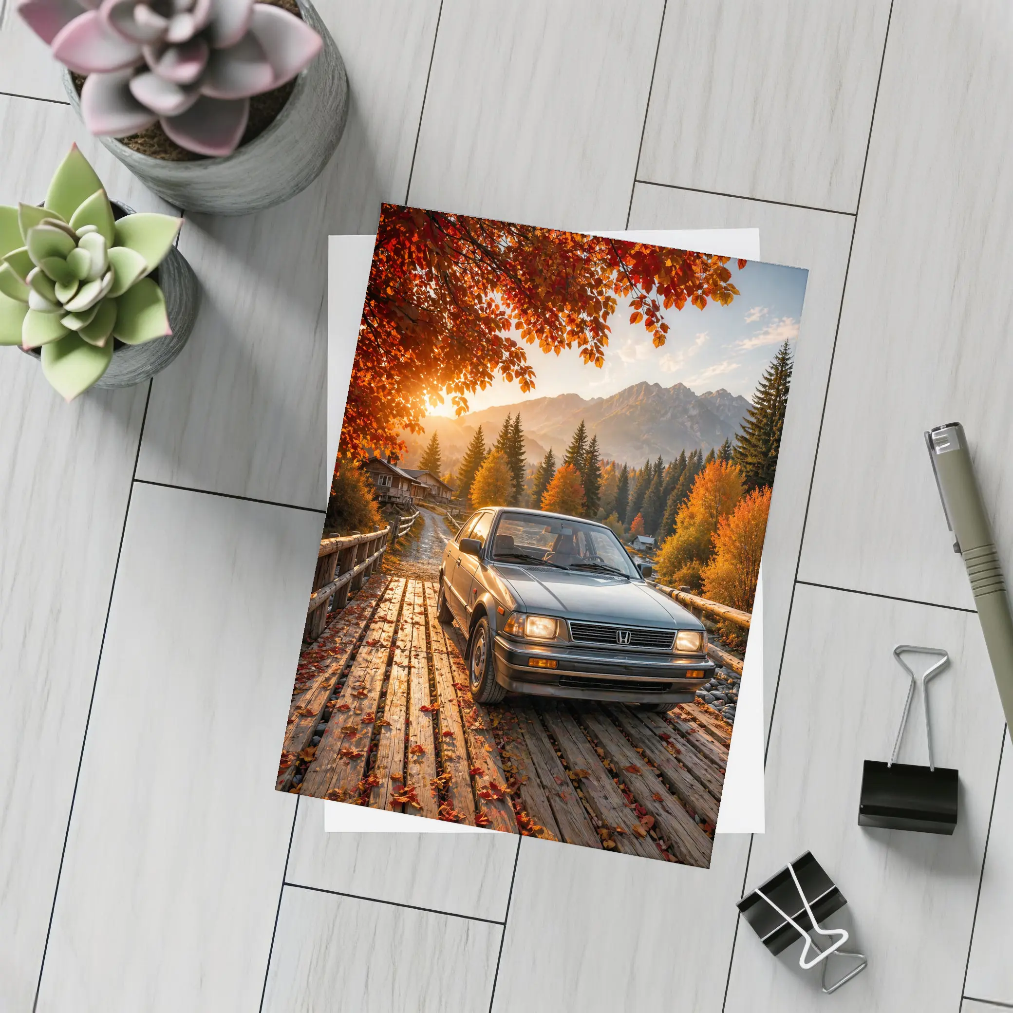 Vintage Honda Accord On Autumn Mountain Bridge – Postcards