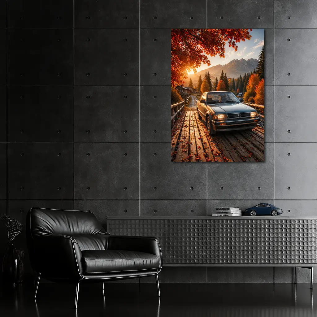 Vintage Honda Accord On Autumn Mountain Bridge – Wall Art