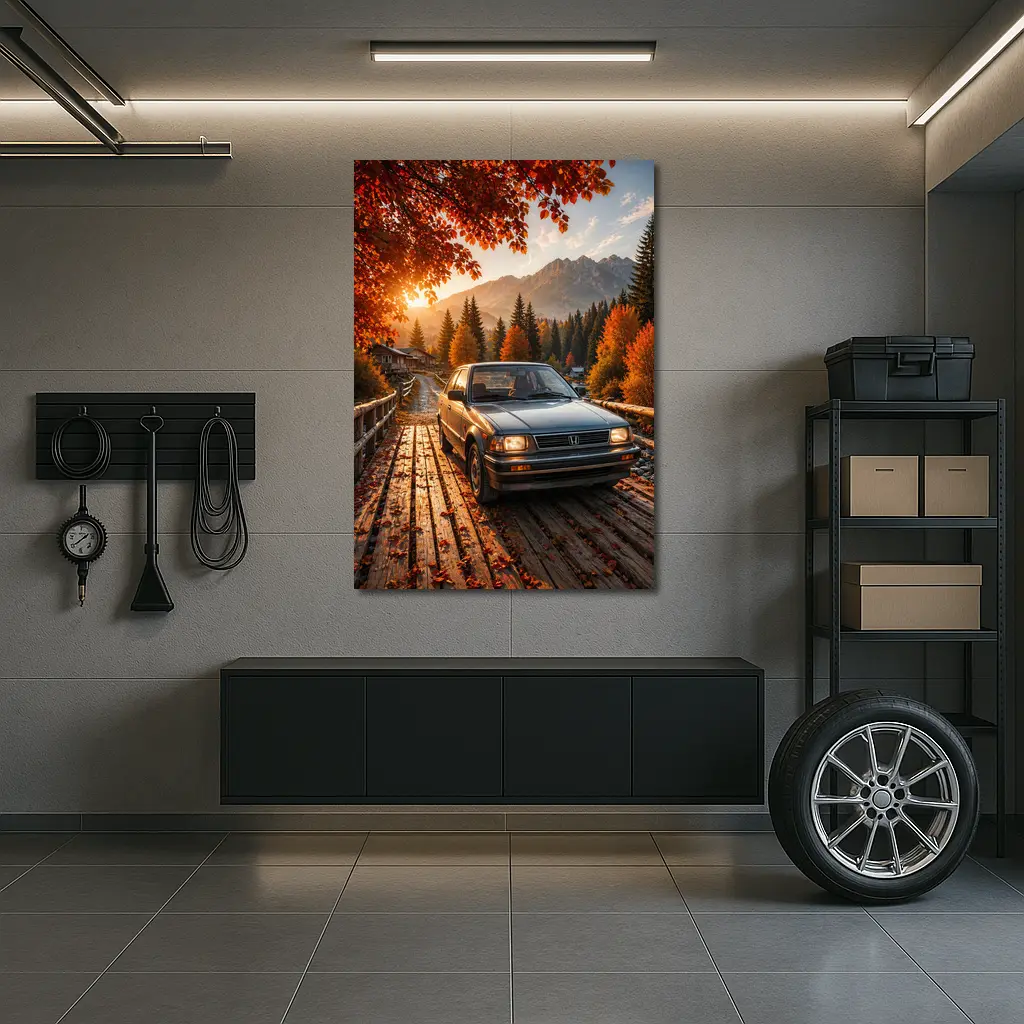 Vintage Honda Accord On Autumn Mountain Bridge – Wall Art