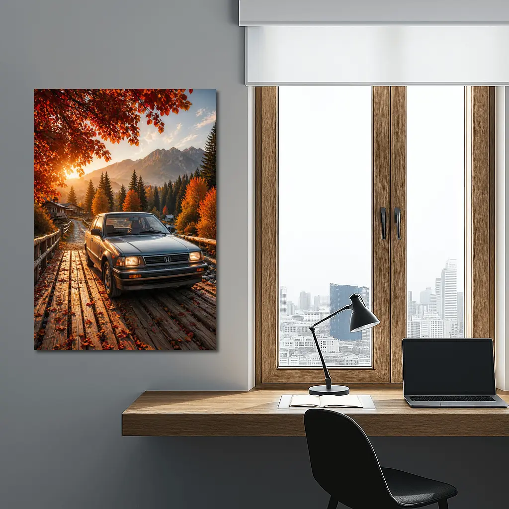 Vintage Honda Accord On Autumn Mountain Bridge – Wall Art