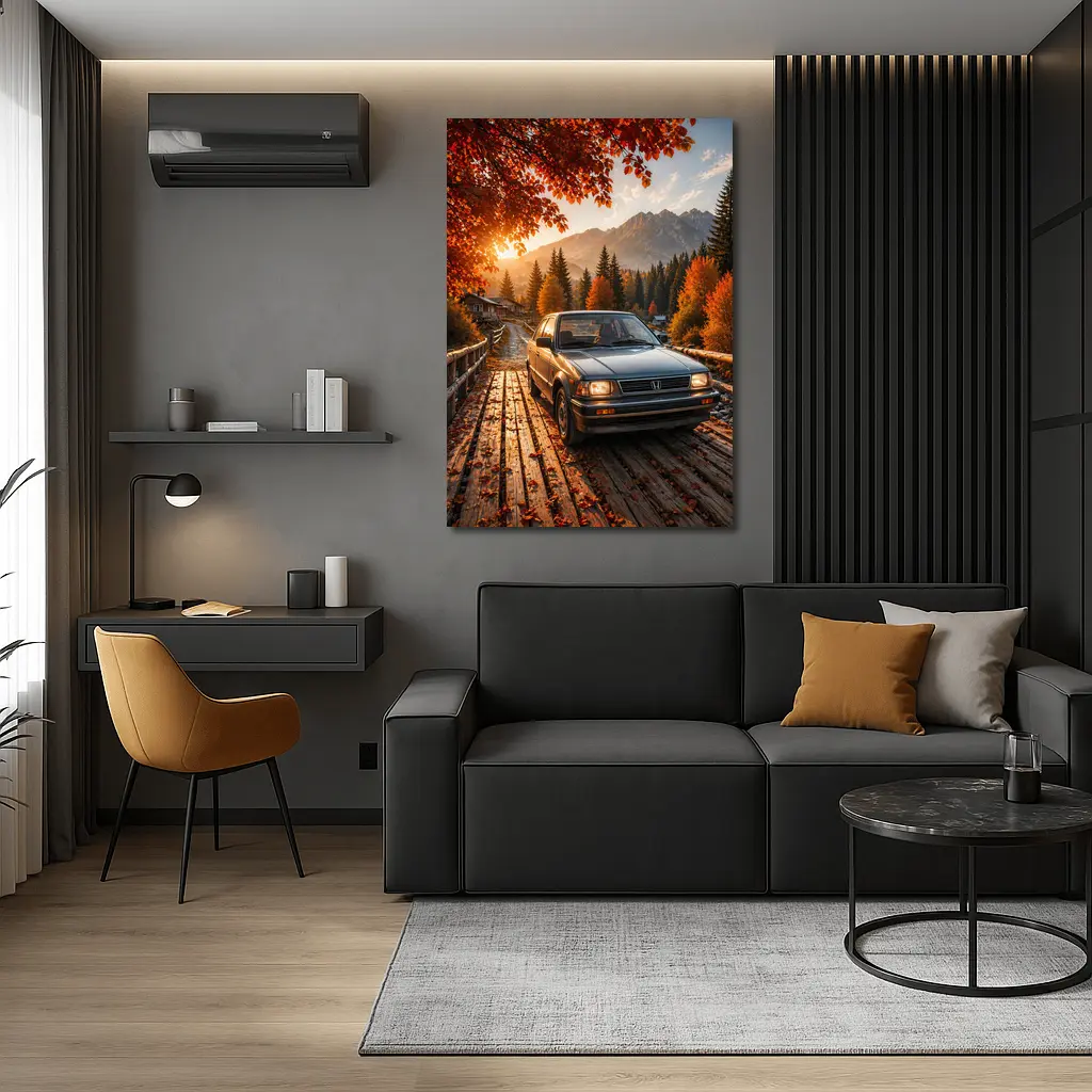 Vintage Honda Accord On Autumn Mountain Bridge – Wall Art